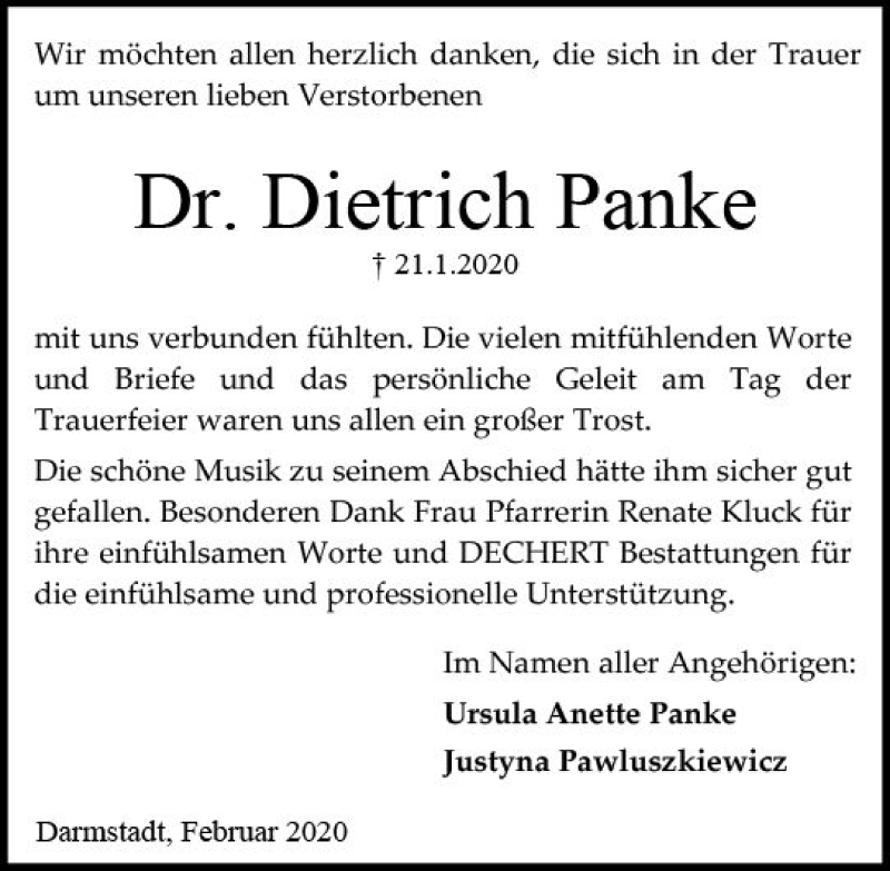  Traueranzeige für Dietrich Panke vom 15.02.2020 aus vrm-trauer