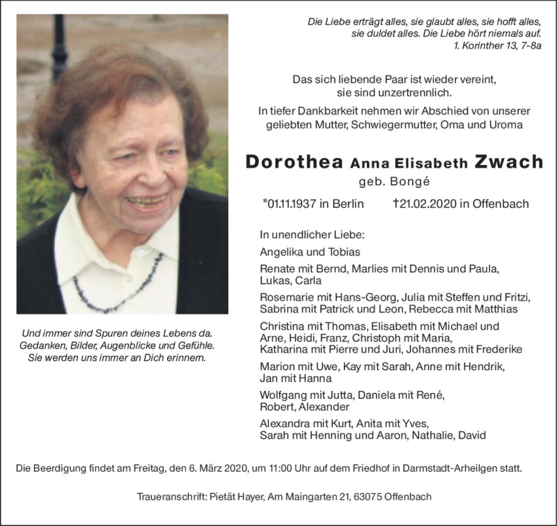  Traueranzeige für Dorothea Anna Elisabeth Zwach vom 29.02.2020 aus vrm-trauer