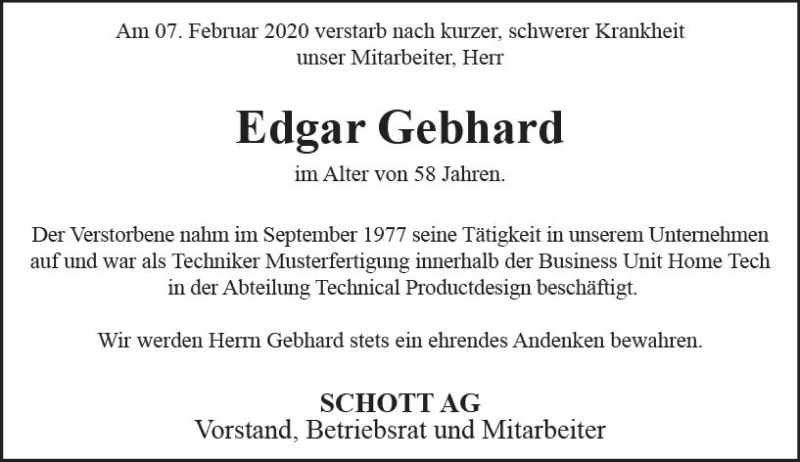  Traueranzeige für Edgar Gebhard vom 15.02.2020 aus vrm-trauer