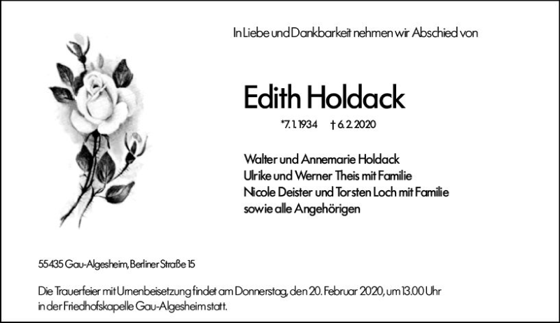  Traueranzeige für Edith Holdack vom 15.02.2020 aus vrm-trauer