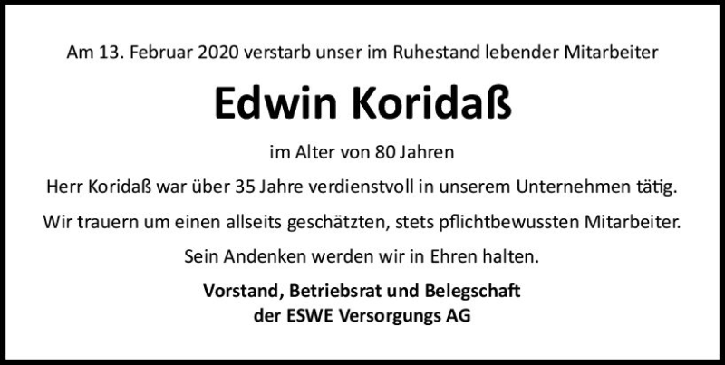  Traueranzeige für Edwin Koridaß vom 22.02.2020 aus vrm-trauer