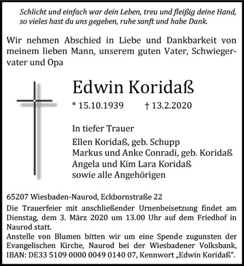  Traueranzeige für Edwin Koridaß vom 22.02.2020 aus vrm-trauer
