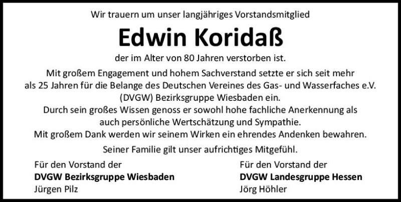  Traueranzeige für Edwin Koridaß vom 22.02.2020 aus vrm-trauer