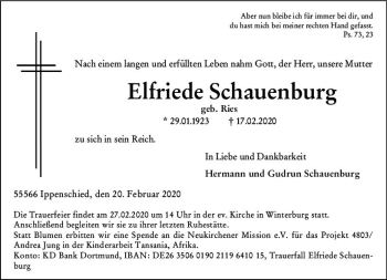 Traueranzeige von Elfriede Schauenburg von vrm-trauer