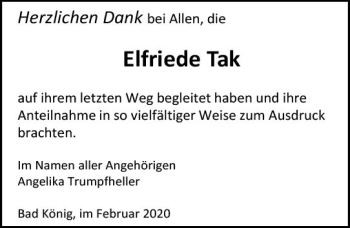 Traueranzeige von Elfriede Tak von vrm-trauer