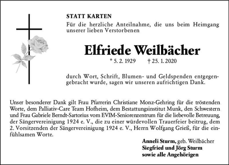  Traueranzeige für Elfriede Weilbächer vom 28.02.2020 aus vrm-trauer