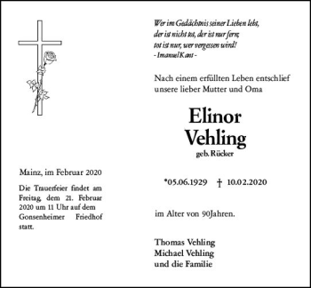 Traueranzeige von Elinor Vehling von vrm-trauer