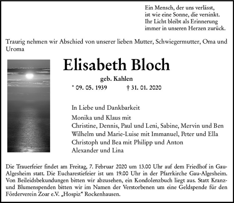  Traueranzeige für Elisabeth Bloch vom 04.02.2020 aus vrm-trauer