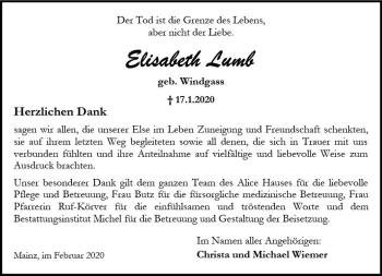 Traueranzeige von Elisabeth Lumb von vrm-trauer