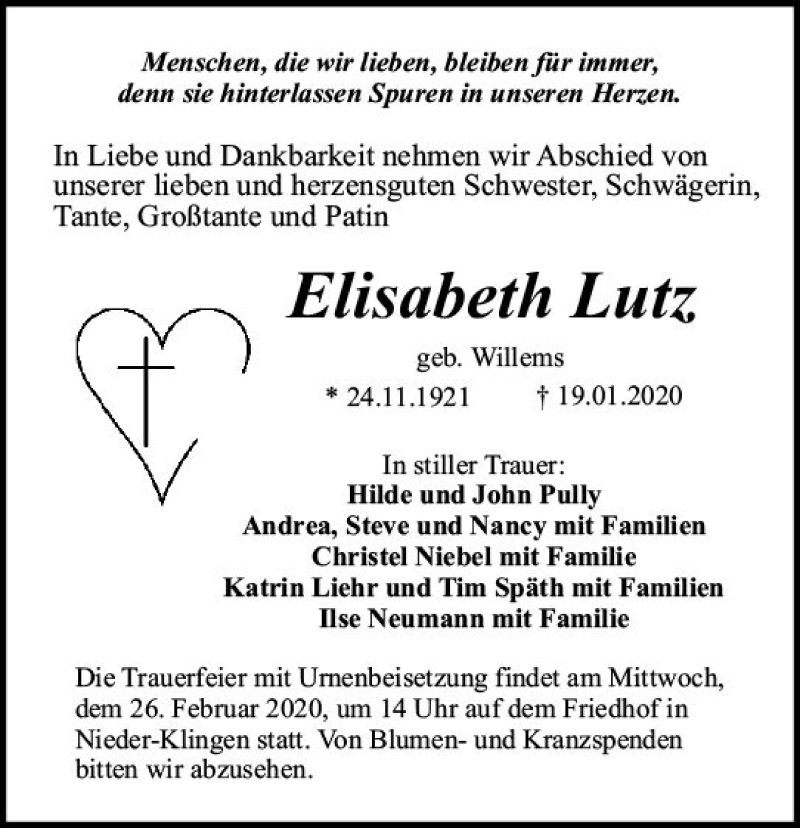  Traueranzeige für Elisabeth Lutz vom 22.02.2020 aus vrm-trauer