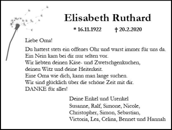 Traueranzeige von Elisabeth Resthard von vrm-trauer