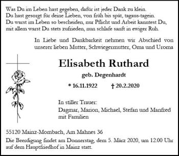 Traueranzeige von Elisabeth Ruthard von vrm-trauer