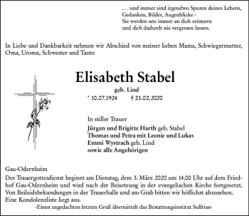 Traueranzeige von Elisabeth Stabel von vrm-trauer