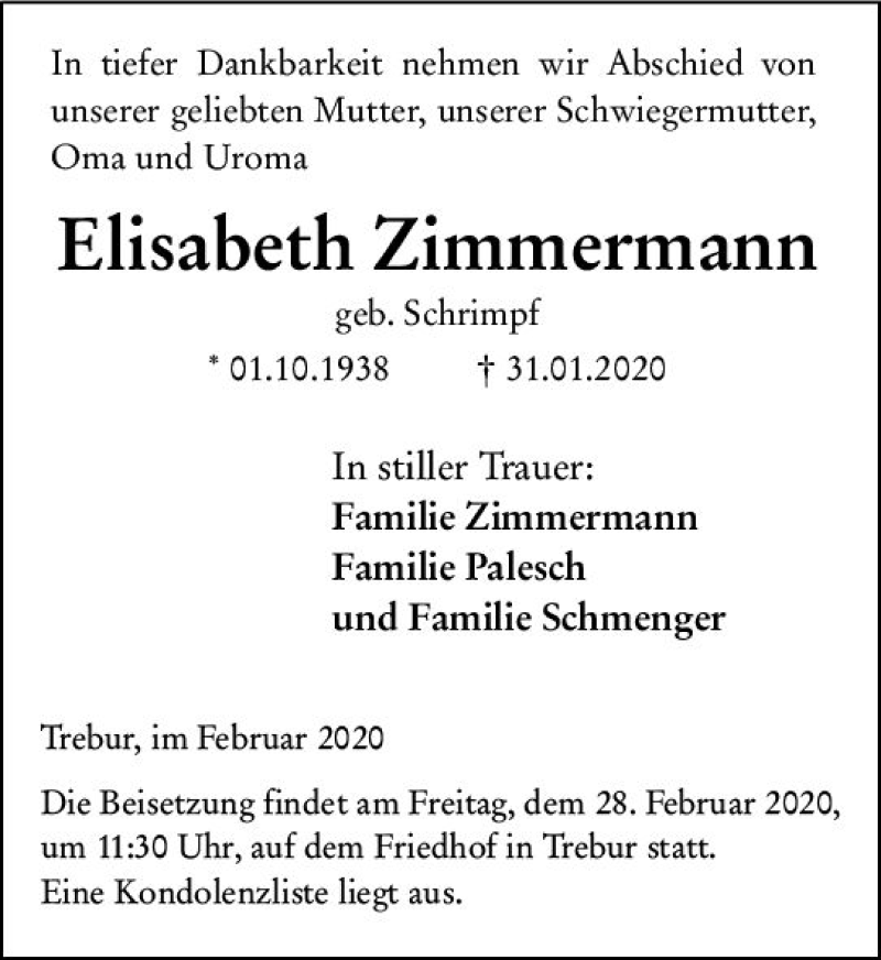  Traueranzeige für Elisabeth Zimmermann vom 21.02.2020 aus vrm-trauer