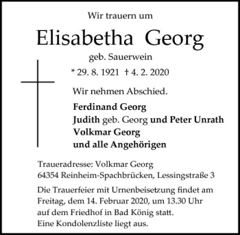 Traueranzeige von Elisabetha Georg von vrm-trauer