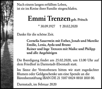 Traueranzeige von Emmi Trenzen von vrm-trauer