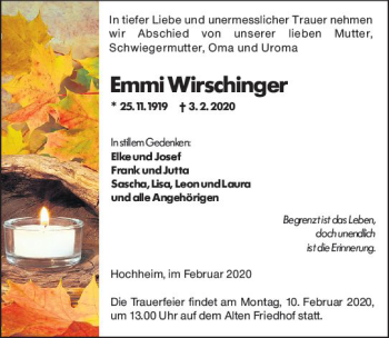 Traueranzeige von Emmi Wirschinger von vrm-trauer