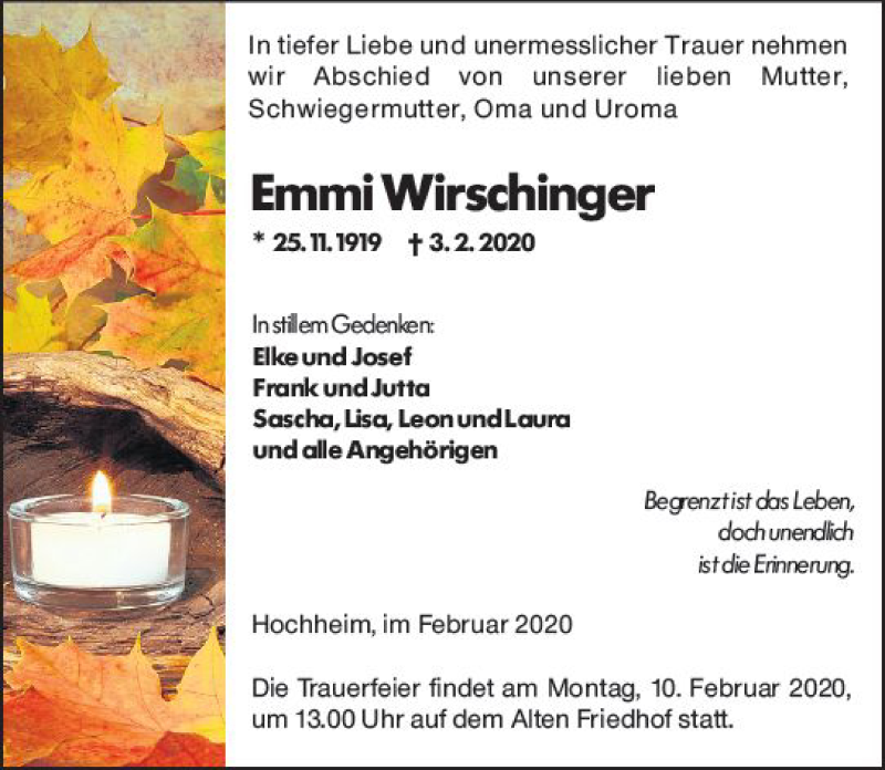  Traueranzeige für Emmi Wirschinger vom 07.02.2020 aus vrm-trauer
