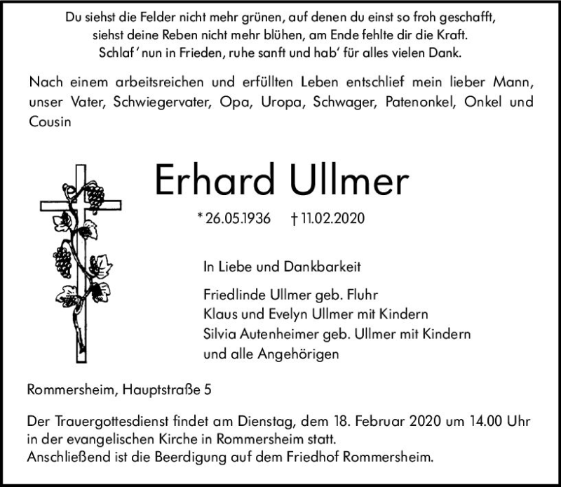  Traueranzeige für Erhard Ulmer vom 14.02.2020 aus vrm-trauer