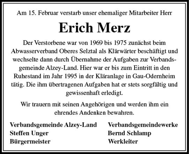  Traueranzeige für Erich Merz vom 20.02.2020 aus vrm-trauer