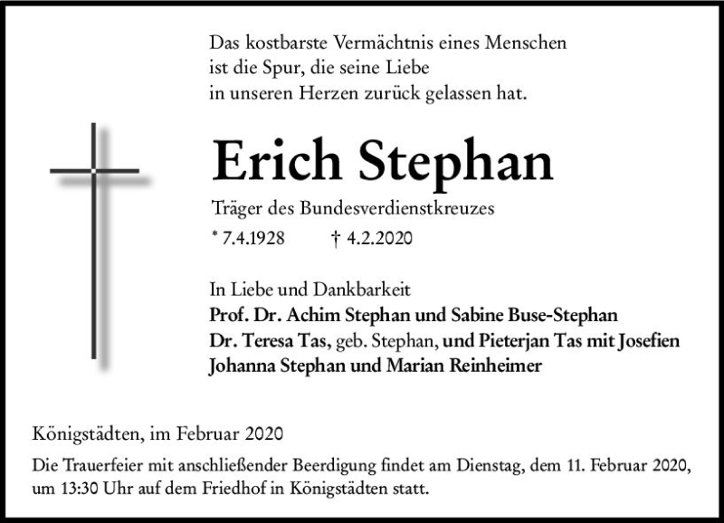  Traueranzeige für Erich Stephan vom 08.02.2020 aus vrm-trauer