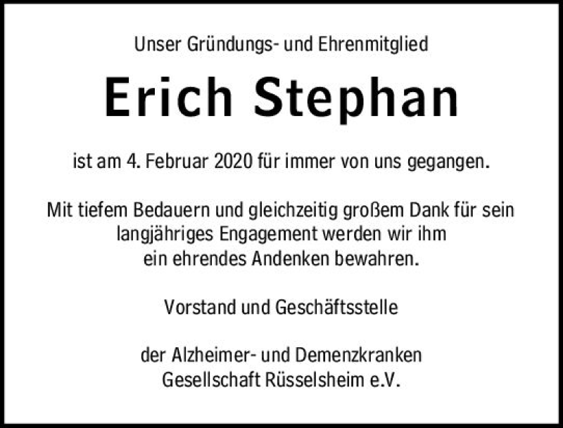  Traueranzeige für Erich Stephan vom 19.02.2020 aus vrm-trauer