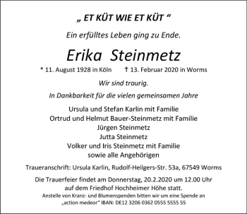 Traueranzeige von Erika Steinmetz von vrm-trauer