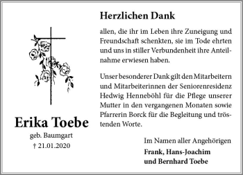 Traueranzeige von Erika Toebe von vrm-trauer