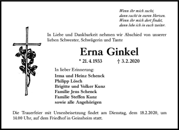 Traueranzeige von Erna Ginkel von vrm-trauer
