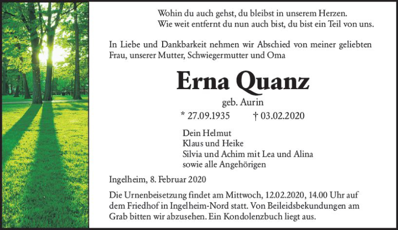  Traueranzeige für Erna Quanz vom 08.02.2020 aus vrm-trauer