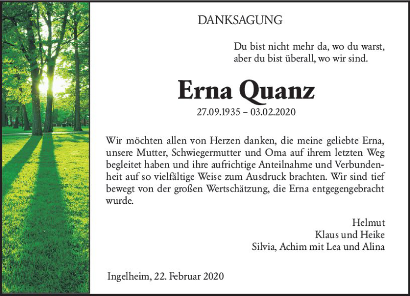  Traueranzeige für Erna Quanz vom 22.02.2020 aus vrm-trauer
