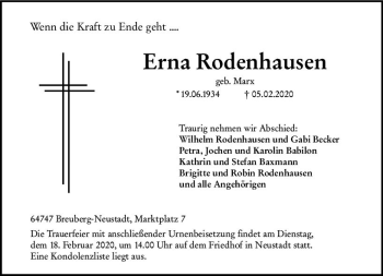 Traueranzeige von Erna Rodenhausen von vrm-trauer