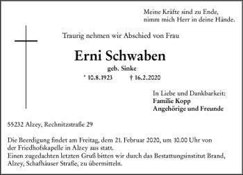 Traueranzeige von Erni Schwaben von vrm-trauer