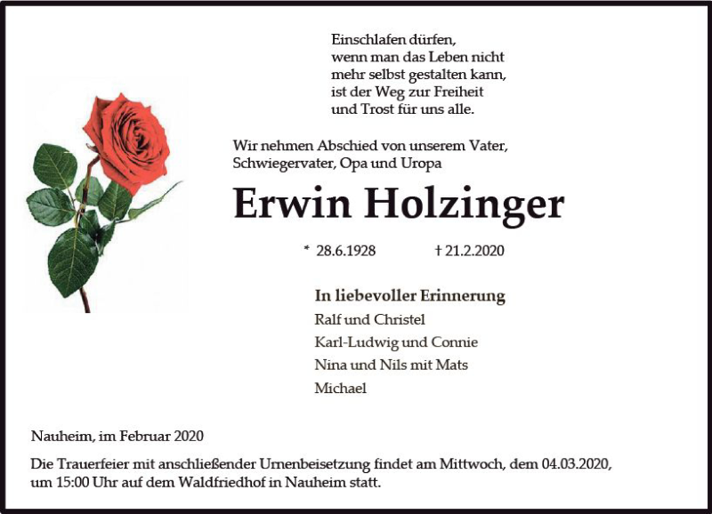  Traueranzeige für Erwin Holzfinger vom 29.02.2020 aus vrm-trauer