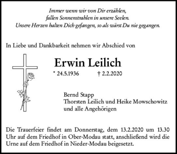 Traueranzeige von Erwin Leilich von vrm-trauer