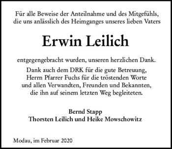 Traueranzeige von Erwin Leilich von vrm-trauer