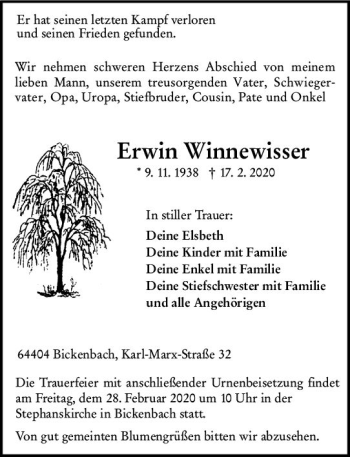 Traueranzeige von Erwin Winnewisser von vrm-trauer