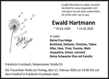 Traueranzeige von Ewald Hartmann von vrm-trauer