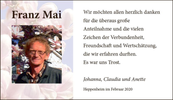 Traueranzeige von Franz Mai von vrm-trauer