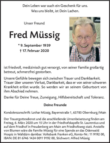 Traueranzeige von Fred Müssig von vrm-trauer