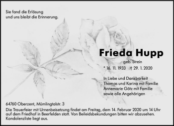 Traueranzeige von Frieda Hupp von vrm-trauer