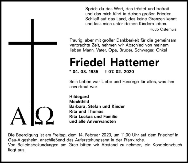  Traueranzeige für Friedel Hattemer vom 11.02.2020 aus vrm-trauer