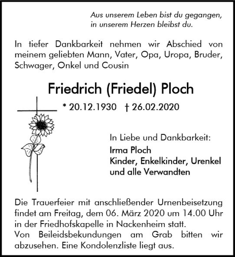  Traueranzeige für Friedrich Ploch vom 29.02.2020 aus vrm-trauer