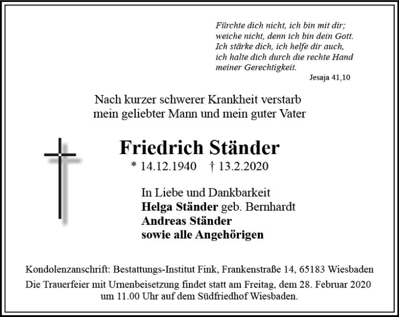 Traueranzeige für Friedrich Ständer vom 22.02.2020 aus vrm-trauer