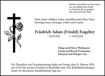 Traueranzeige von Friedrich Adam  Engelter von vrm-trauer