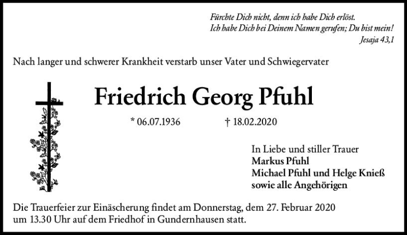  Traueranzeige für Friedrich Georg Pfuhl vom 22.02.2020 aus vrm-trauer