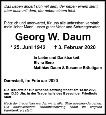 Traueranzeige von Georg W. Daum von vrm-trauer