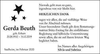 Traueranzeige von Gerda Beuth von vrm-trauer