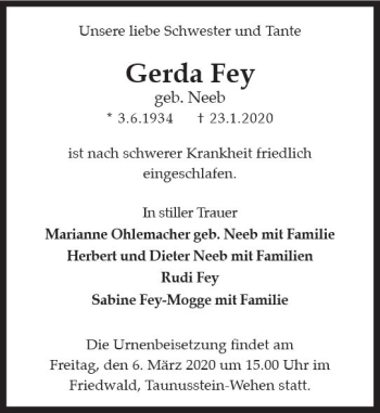 Traueranzeige von Gerda Fey von vrm-trauer