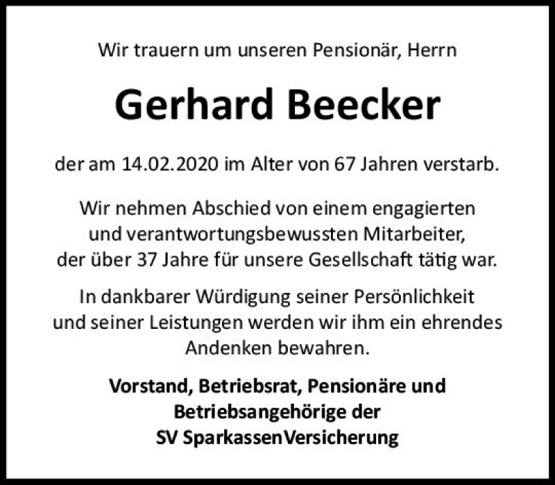  Traueranzeige für Gerhard Beecker vom 22.02.2020 aus vrm-trauer
